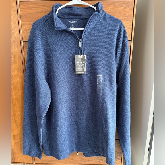 Van Heusen Never Tuck Sweater Mens Blue 1/4 Zip Long Sleeve Classic Fit Size L - Picture 9 of 12
